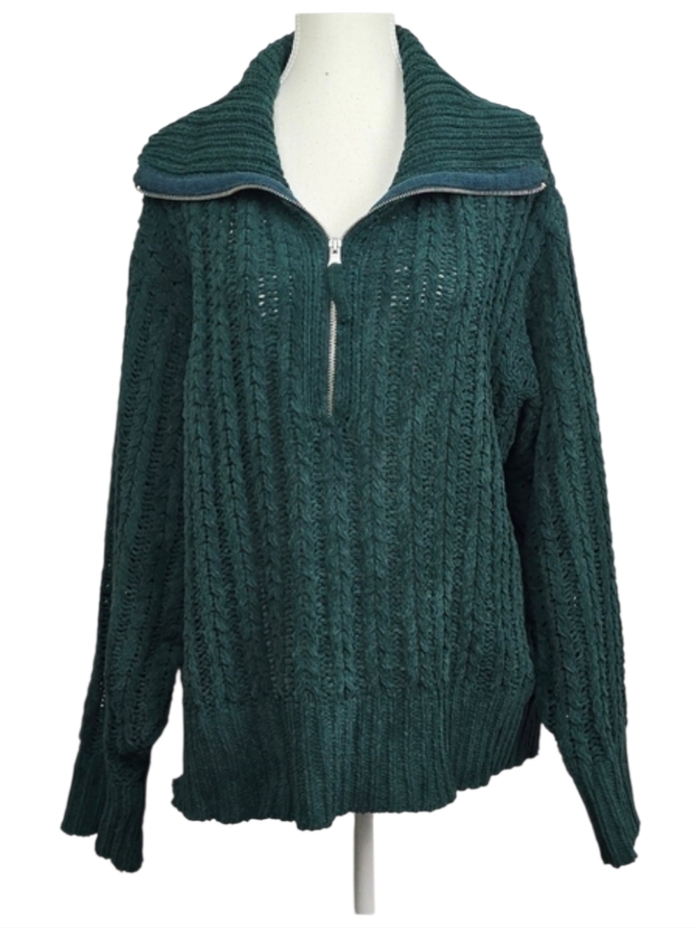Aerie Green Cable Knit Cowl Neck 1/4 Zip Sweater Sz M Chunky Knit Cittagecore